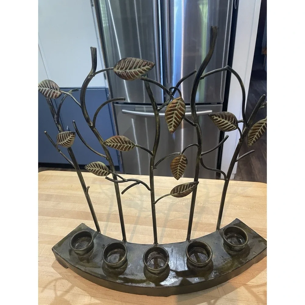 Bronze & Green Twig & Leaf Metal Tea Light 5 Candle Holder Rustic Decor Mantle